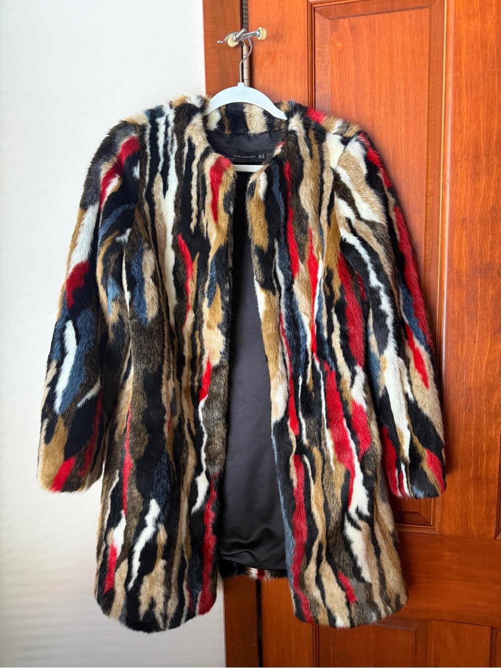 Zara Multicolor Faux Fur Pea Coat in Black, Red, Tan, White, Blue